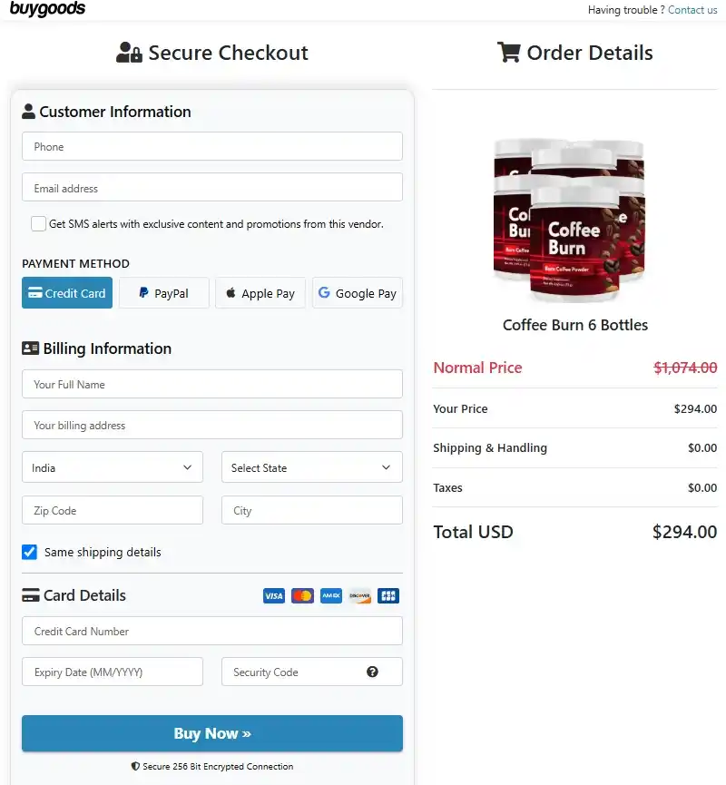 Coffee Burn Order Page